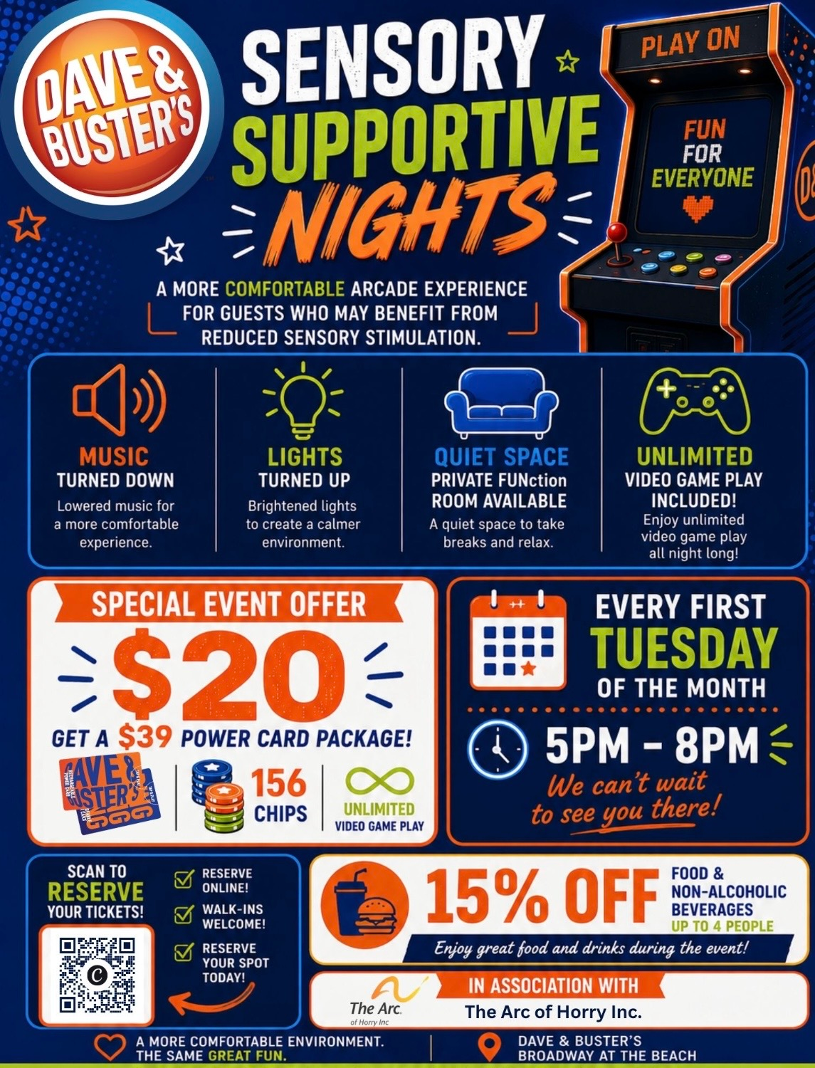 Sensory Supportive Nights at Dave & Buster’s — event flyer